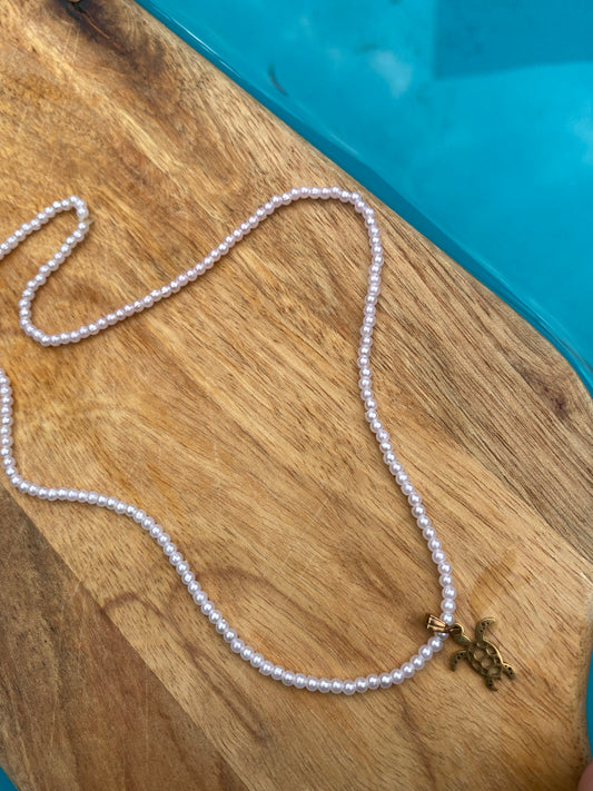 Pearl + Gold Turtle Necklace